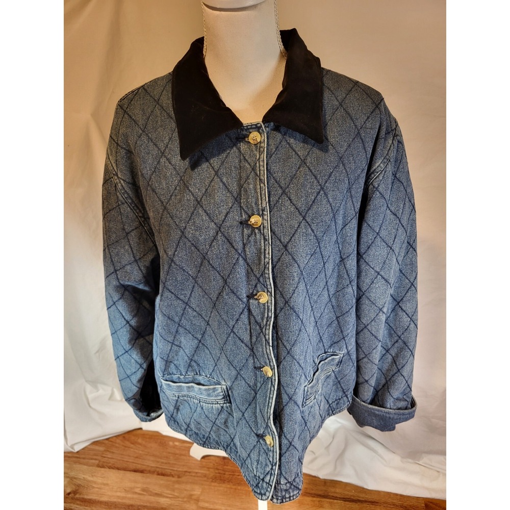 Vtge Real‎ Comfort Size Large Quilted Denim Velvet Collar Button Up Jacket